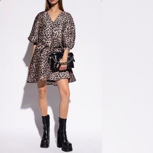 All Saints Ilora Leppo Dress Leopard Print Silk Blend Button Front Tie Waist